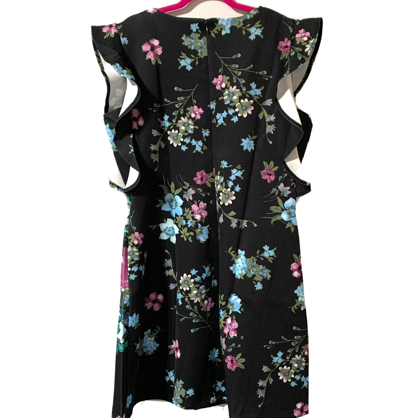 VETEMENTS Abito subacqueo Marc Bouwer nero floreale ginocchio taglia XL spalle arricciate senza maniche