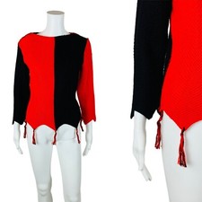 Vintage 1950s Harlequin Sweater Colorblock Red Black Pointed Fringe Hem Bad Girl