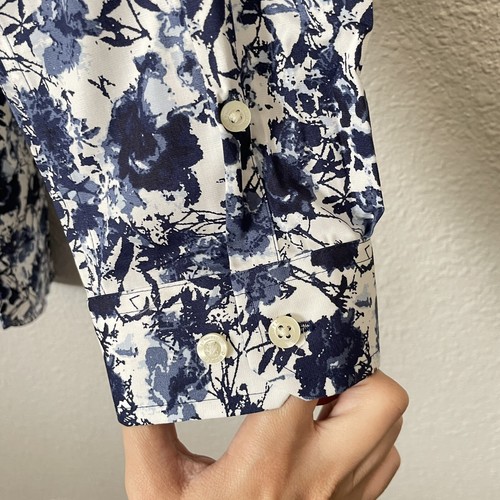 Duluth Trading Women Plus Sz XL Blue Floral Abstra Button Up Tunic Shirt Wrinkle - Picture 9 of 12