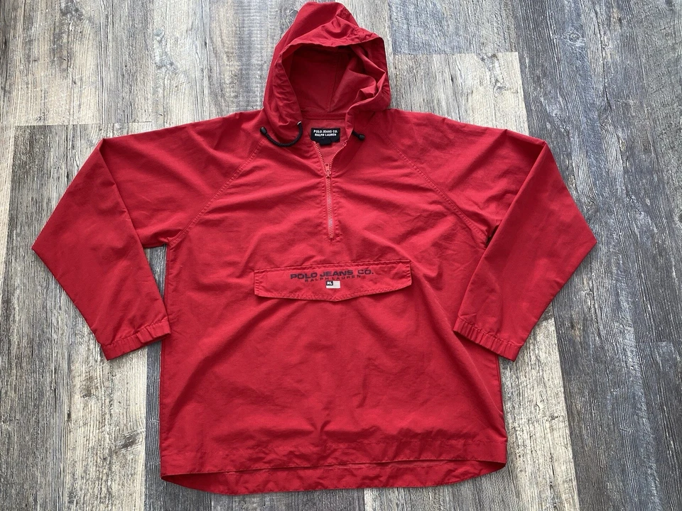 Chaqueta cortavientos vintage POLO Jeans Co. Ralph Lauren roja con capucha deletreada Med. Foto 2 de 4