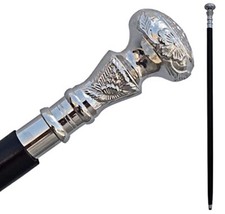 Antique Walking Cane Wooden Walking Stick Silver Brass Handle Knob Gift