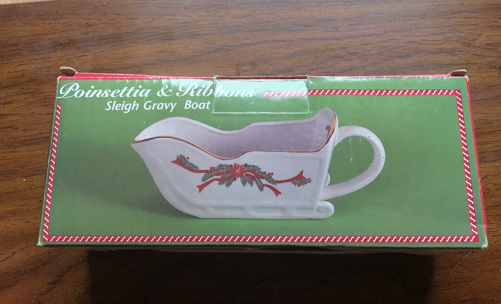 Vintage Poinsettia And Ribbons Sleigh Gravy Boat Fine China Excellent