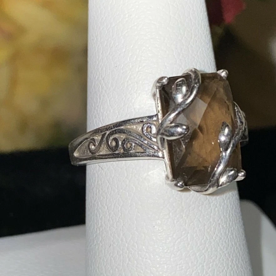 Anel de prata esterlina 3,24 ct retangular design de videira quartzo esfumaçado S 8 novo sem etiquetas - Imagem 2 de 4