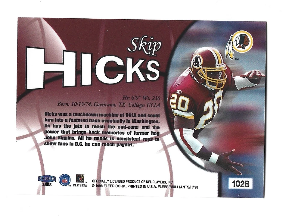 1998 Fleer Brilliants Blue Washington Redskins Football Card #102 Skip Hicks - Image 2 of 2