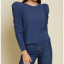 Collective Concepts Navy Blue Puff Shoulder Long Sleeves Blouse Shirt NEW Small
