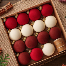 Luxury Flocked Velvet Christmas Ornaments - 15 Pcs 3.2" Red Brown Beige Balls