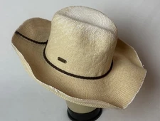 Sun N’ Sand Woven Paper Straw Raffia Wire Brim Sun Hat Natural White Crown 