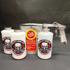 Gallon Fluid Film Amber, Standard Undercoating Gun, and 3 White Quart Bottles