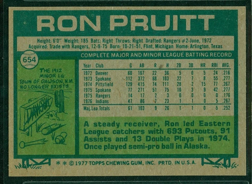 Original Autograph of Ron Pruitt RC, Indians, 1977 Topps #654, JSA LOA - Image 2 of 4