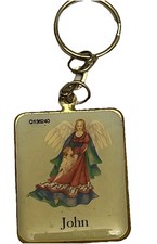 Beautiful Vtg Catholic Guardian Angel Keyring Namesake John Keychain Enamel