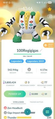 Regigigas  ( Caught In 2019 ) ( Maxed Level 40 ) ( 3 Moves ) Pokemon Tr@de Go