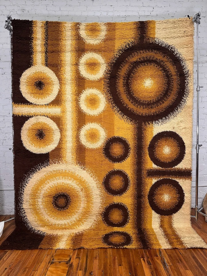60's DANIA TAEPPER Circles Yellow Cream UNUSED Mid Century Danish Rya Rug Modern - Image 4 of 4