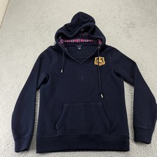 Tommy Hilfiger Hoodie Womens M Navy V-Neck Pullover Crest Logo Kangaroo Pocket