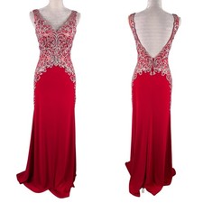 Jovani Prom Evening Gown Red 6 Beaded V-Neck Back Zip Lined