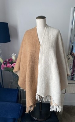 Women s Marina Rinaldi By Max Mara Virgin Wool Cape With Fringes Tan And Cream