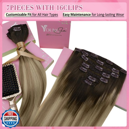 YoungSee 150G Clip in Hair Extensions Real Human Hair Ombre Brown Hair Extens - Picture 3 of 5