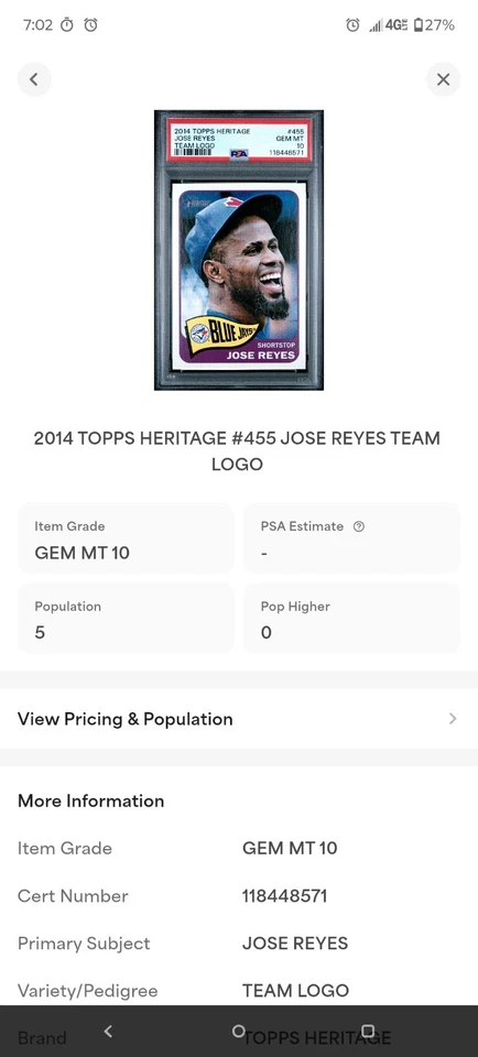 2014 Topps Heritage #455 Jose Reyes Team Logo 💥 PSA 10 Gem Mint Low Pop SP 💥 - Image 3 of 3