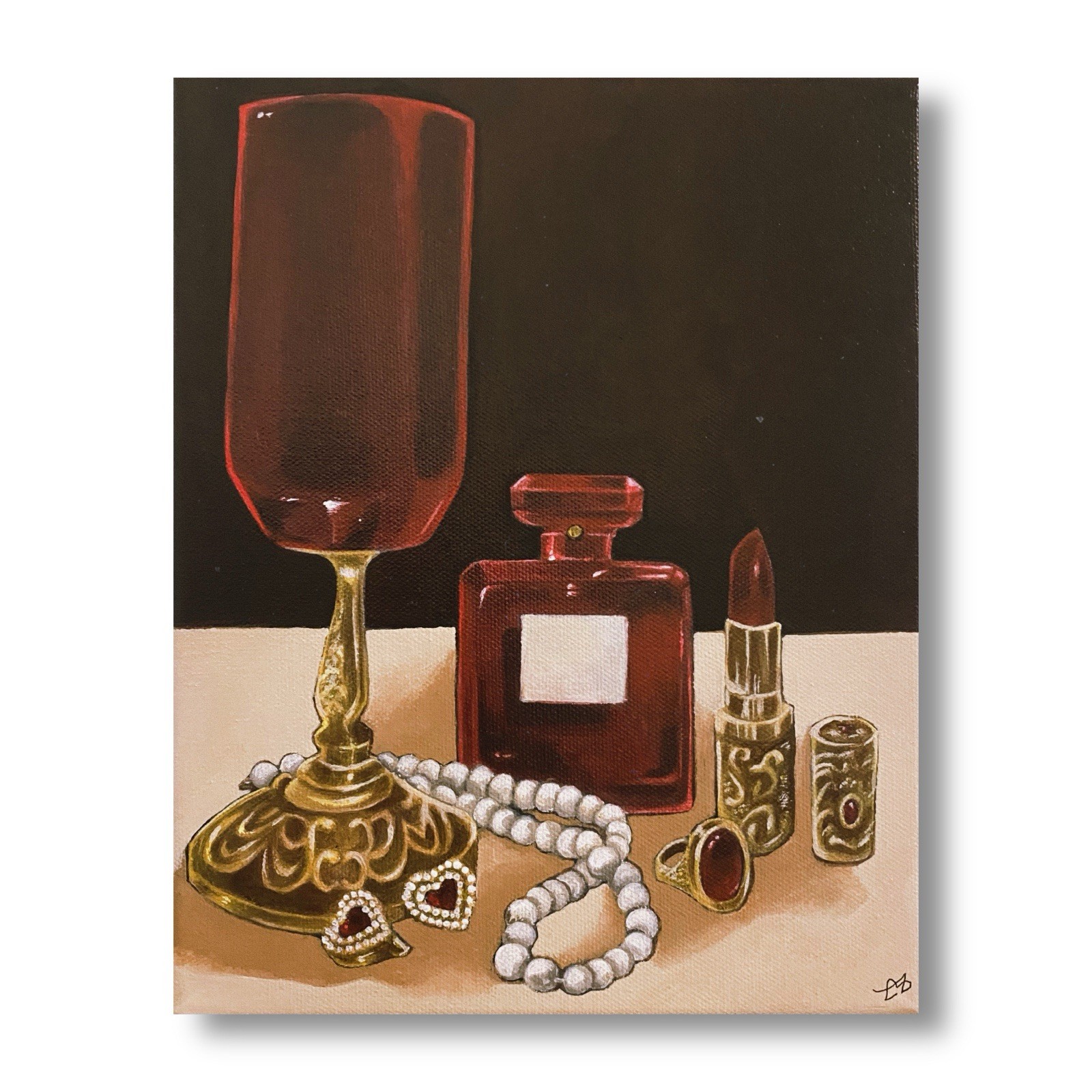 Still Life Wine Glass Perfume Lipstick Jewelry red Painting Small Unframed