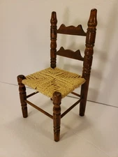 Vintage Doll High Back Chair Wood w TWINE Jute Woven Seat Rustic Farmhouse 12" T