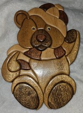 Handmade Teddy Bear Intarsia Wood Art Wall Decor Carved Hanging Vintage EUC