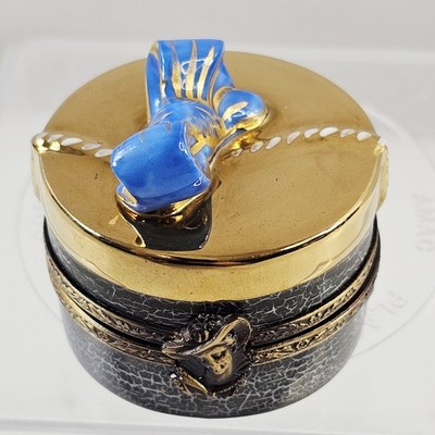 Limoges France Peint Main Eximious Trinket Pill Box Candy Box w/ Blue Bow Ribbon