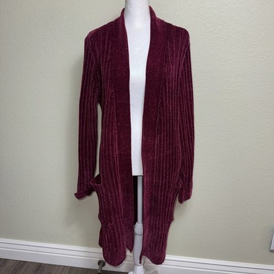 Matty M Cardigan Size XL Burgundy Chenille Open Front Duster Pockets Cozy Plush
