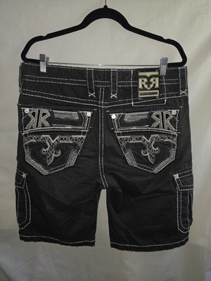 MENS ROCK REVIVAL SZ 32x22 CONTRAST EMBROIDERED BUTTON PKTS BLACK CARGO SHORTS 