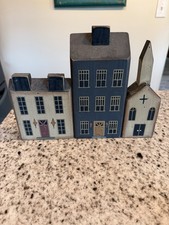 Handmade Primitive Folk Art Wood Block Village Houses Set of 3