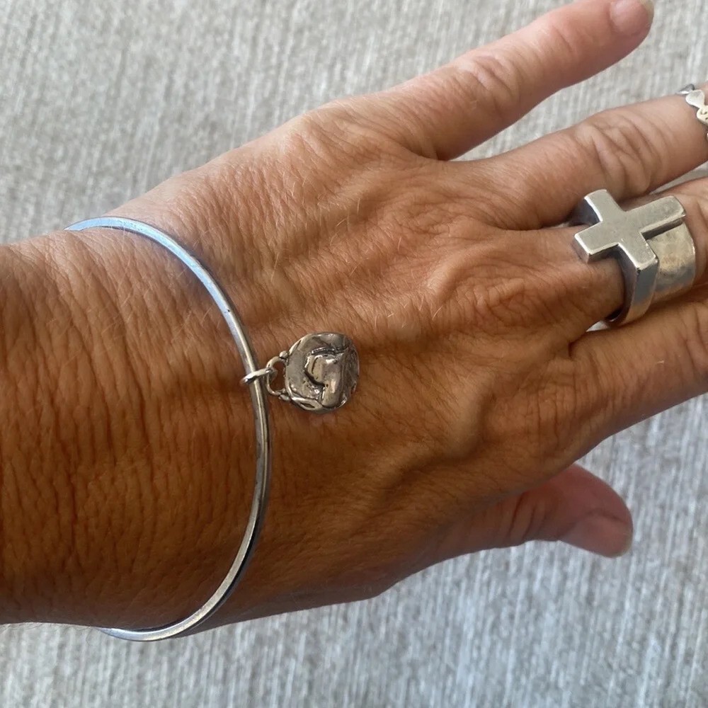 Rustic sterling silver bangle with heart charm - image 4