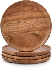 Acacia Wood round Wood Plates Set of 4, Easy Cleaning Lightweight for Dishes S