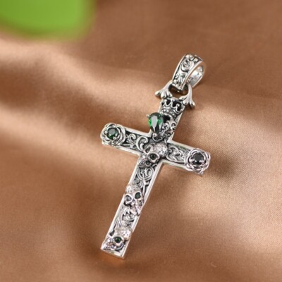 S925 Sterling Silver SKULLS CROSS Pendant Green Gem Crown Black Stones Gothic