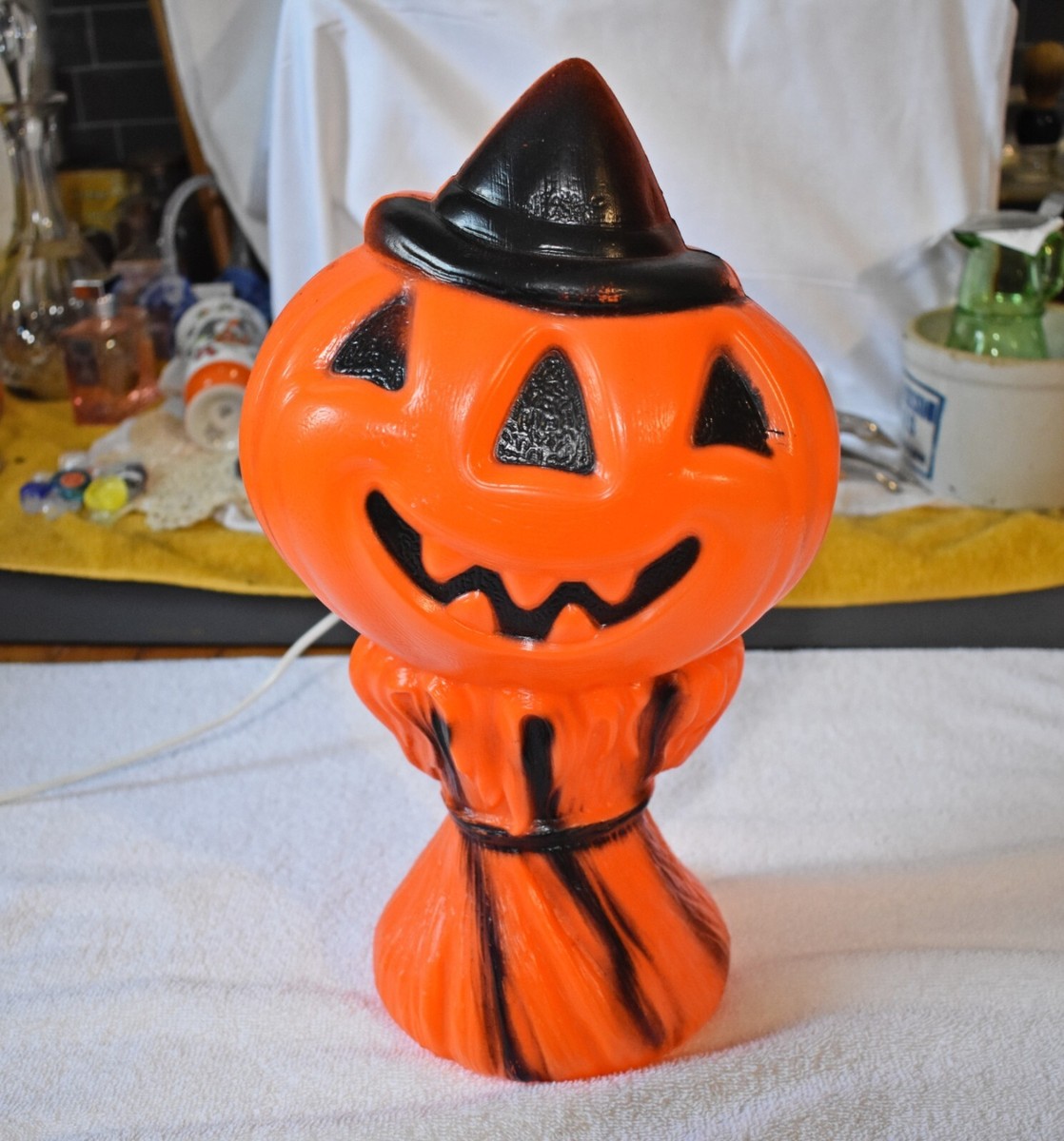 vintage Halloween Scarecrow Witch Blow Mold Lighted 14” tall