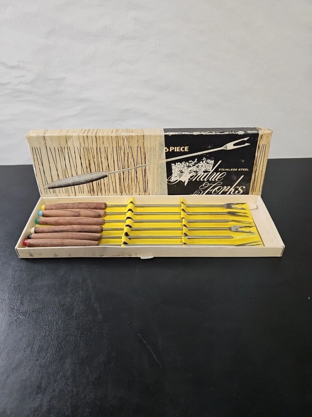 Vintage MCM Set of 6 Fondue Forks Stainless Steel Wood Handles Colored Tips