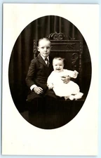 POSTCARD RPPC Studio Photo Boy and Happy Smiling Baby Sibling 1918-30