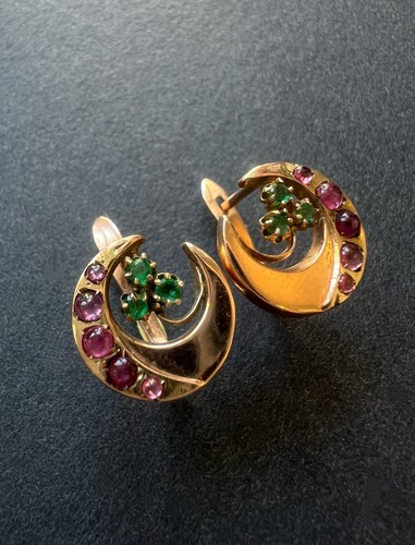 Antique 14k gold ruby emerald moon clover earrings - 第 1/10 張圖片