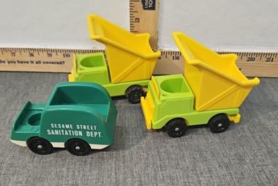 Vintage Fisher price Little People 2 Green Yellow Dump Trucks & 1 Garbage truck