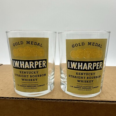 Lot 2 I. W. Harper Kentucky Straight Bourbon Whiskey Glass Rocks Vintage Shot