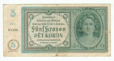 BOHEMIA AND MORAVIA BANKNOTE 5 KORUN 1940