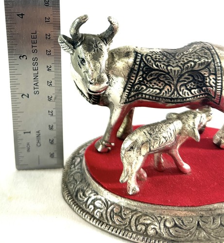 Oxidized White Silver Metal Religious Cow and Calf Figure 5.5” Long 4” Tall - Picture 9 of 10