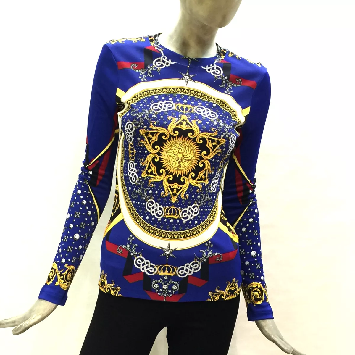 Versace Collection Jersey Women Blue Long Sleeve Crewneck Slim T- |