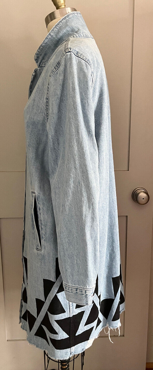 Painted Denim Long Jacket Native Artist Naranjo Art to Wear XL Santa Fe View 5