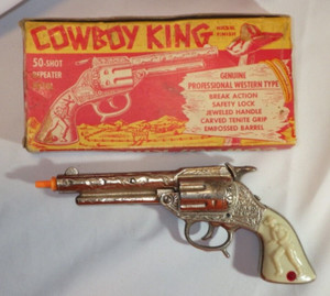 Vintage Stevens COWBOY KING Toy Cap Gun Cast Nickel Repeater Pistol & Box - USA