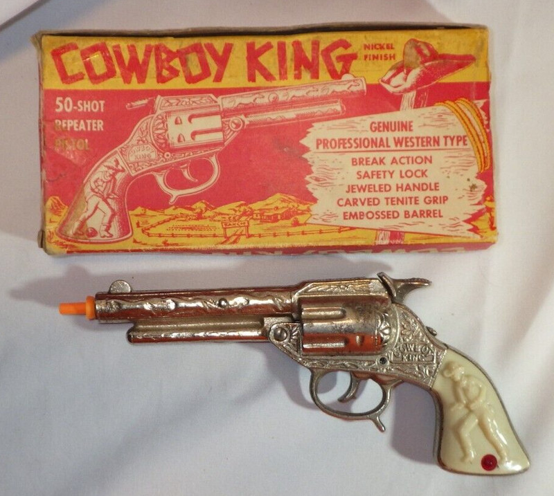 Vintage Stevens COWBOY KING Toy Cap Gun Cast Nickel Repeater Pistol & Box - USA