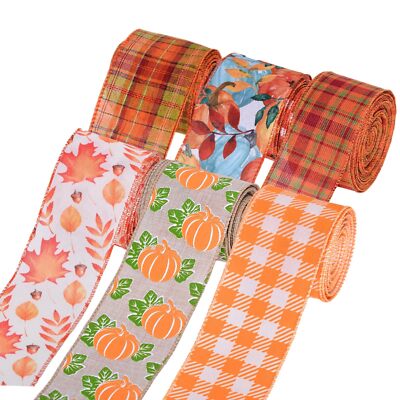 Fall Wired Ribbon 2.5'' Burlap Pumpkin Plaid 6 Rolls 30 Yards Thanksgiving