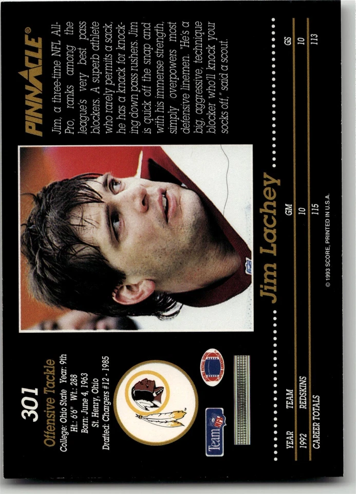 1993 Pinnacle #301 Jim Lachey (NM)(FTB) - Image 2 of 2