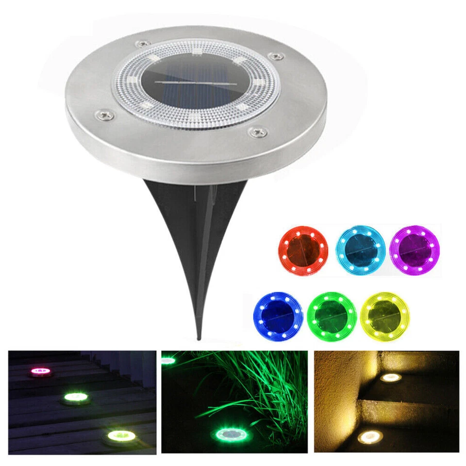 8 LED Solar Ground Lights Yard Garden Pathway Outdoor Disk Lights Color Changing - Image 2 of 4