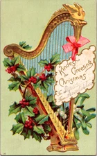 Vintage Postcard Christmas Harp Gold Bow Holly Greeting Tag
