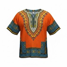 Vintage Mama Papa Dashiki Shirt L Orange African Print Boho Hippie Cotton