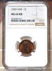 1909 VDB LINCOLN WHEAT CENT NGC MS64RB 398016