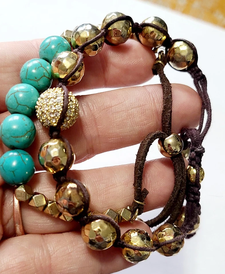 Gold & Turquoise Beaded Brown Leather Tie Bracelet Set - Image 4 of 4